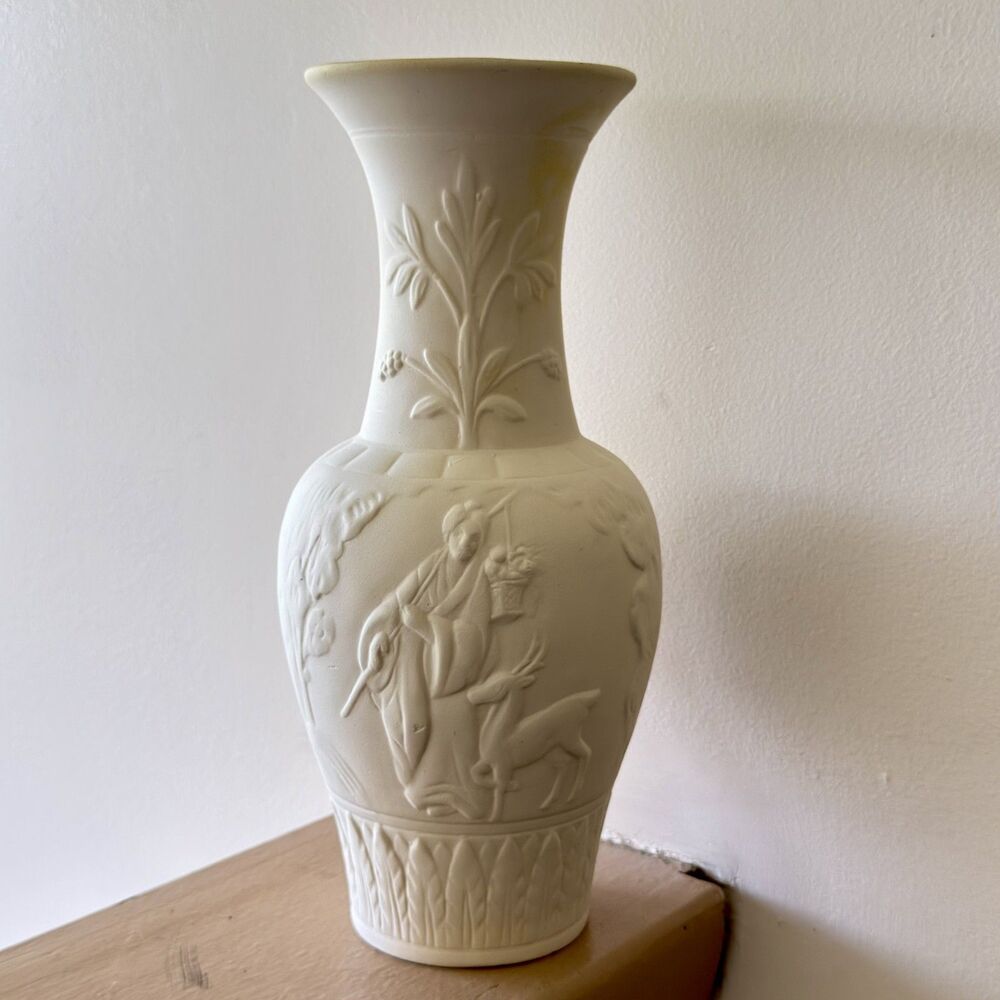 Vintage Handmade Unglazed Posy Vase Hand Carved Pottery Off White10 Inches